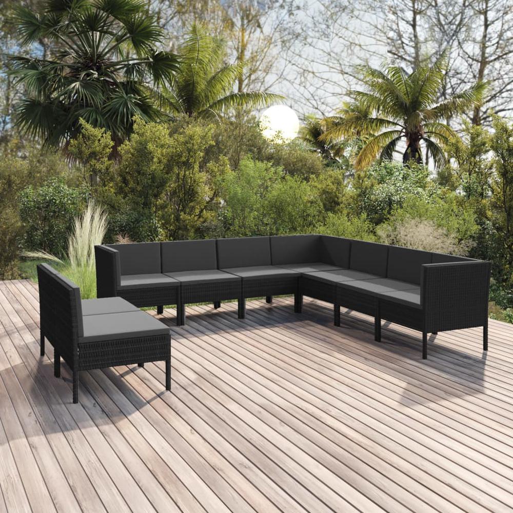 9 Piece Patio Lounge Set with Cushions Poly Rattan Black. Picture 6
