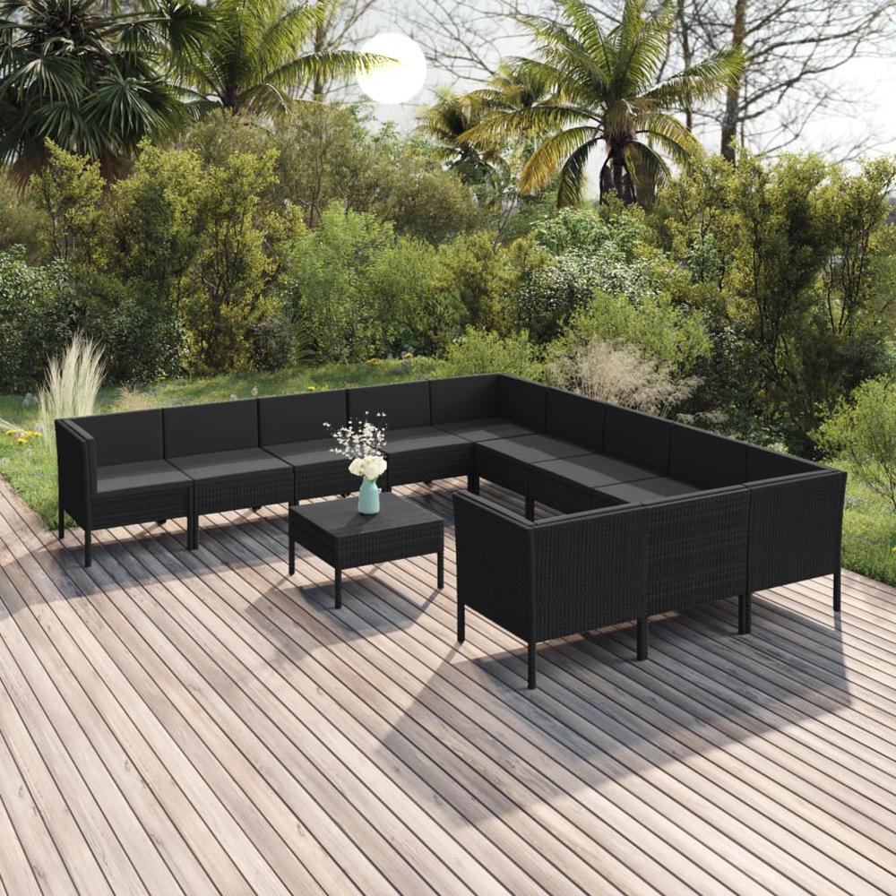 12 Piece Patio Lounge Set with Cushions Poly Rattan Black. Picture 8