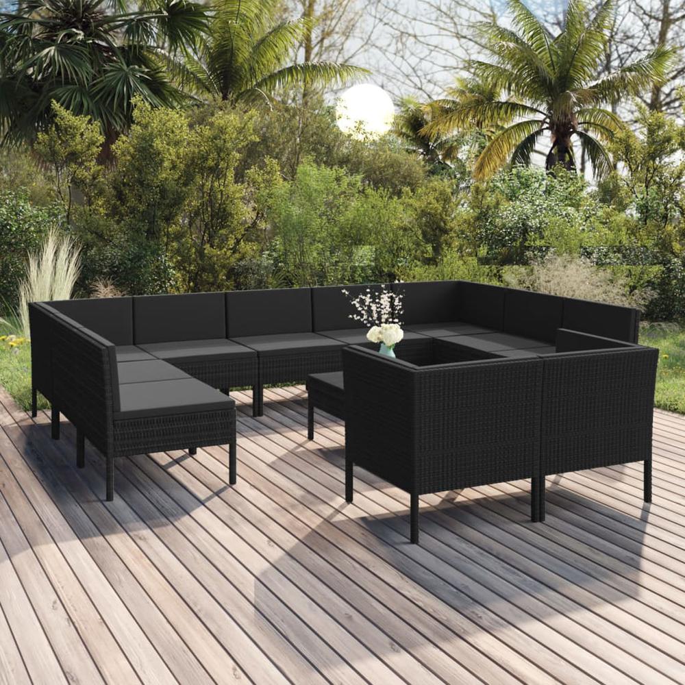 12 Piece Patio Lounge Set with Cushions Poly Rattan Black. Picture 8