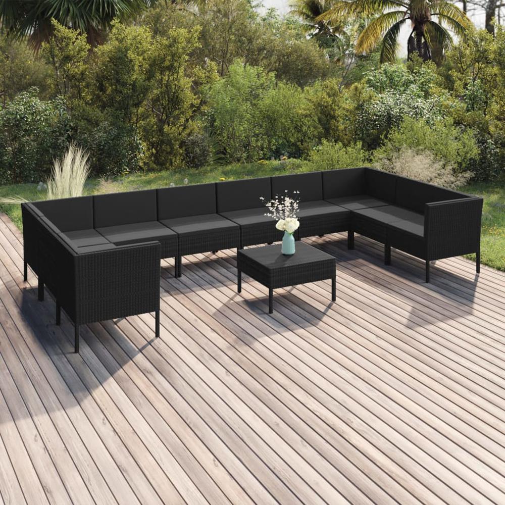 11 Piece Patio Lounge Set with Cushions Poly Rattan Black. Picture 8