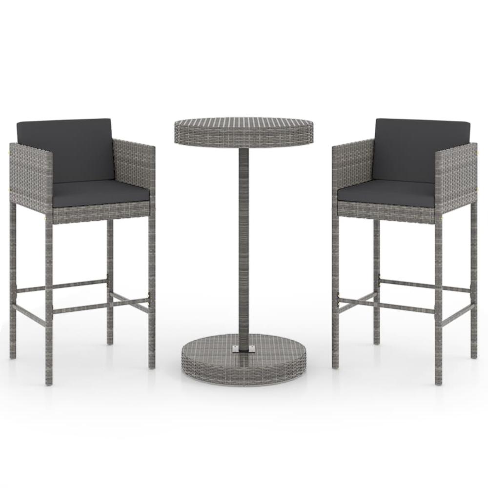 3 Piece Patio Bar Set with Cushions Poly Rattan Gray. Picture 1