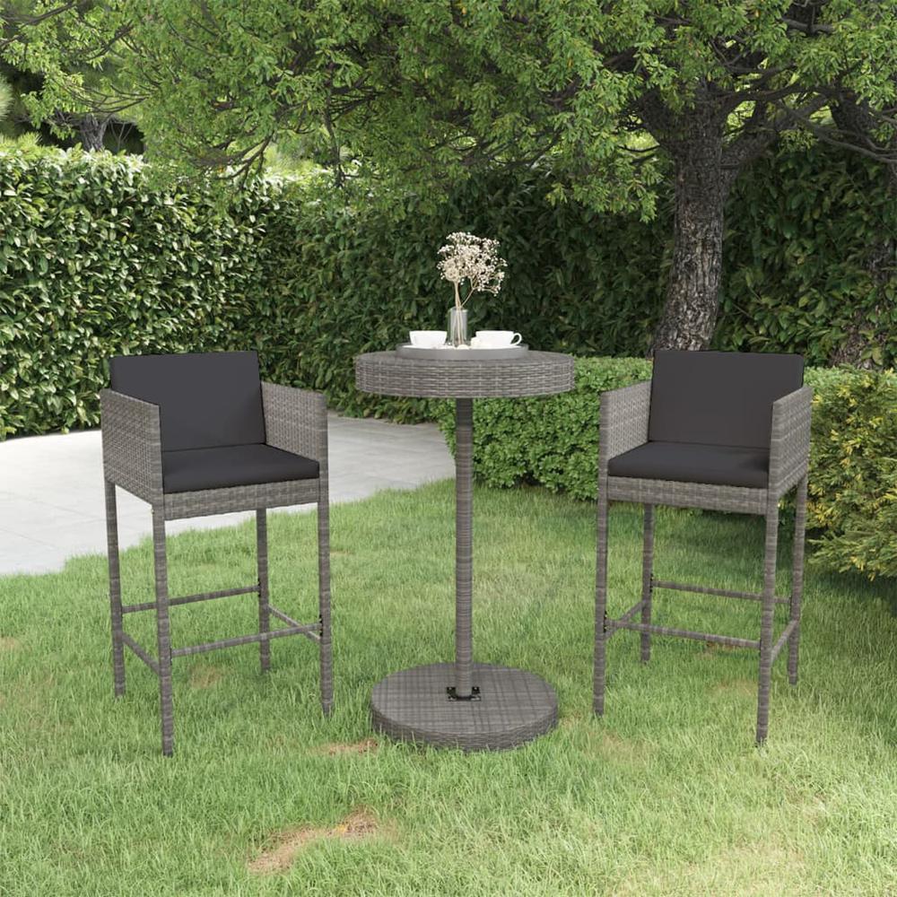 3 Piece Patio Bar Set with Cushions Poly Rattan Gray. Picture 9