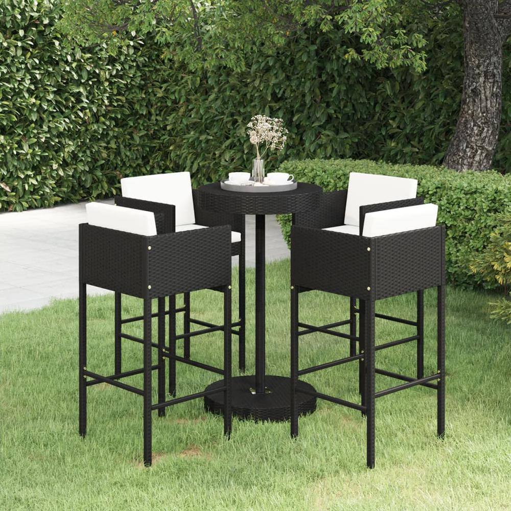 5 Piece Patio Bar Set with Cushions Poly Rattan Black. Picture 9