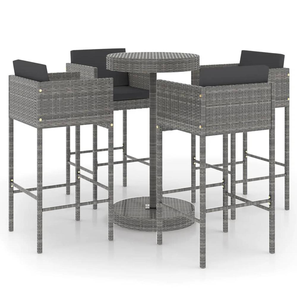 5 Piece Patio Bar Set with Cushions Poly Rattan Gray. Picture 1
