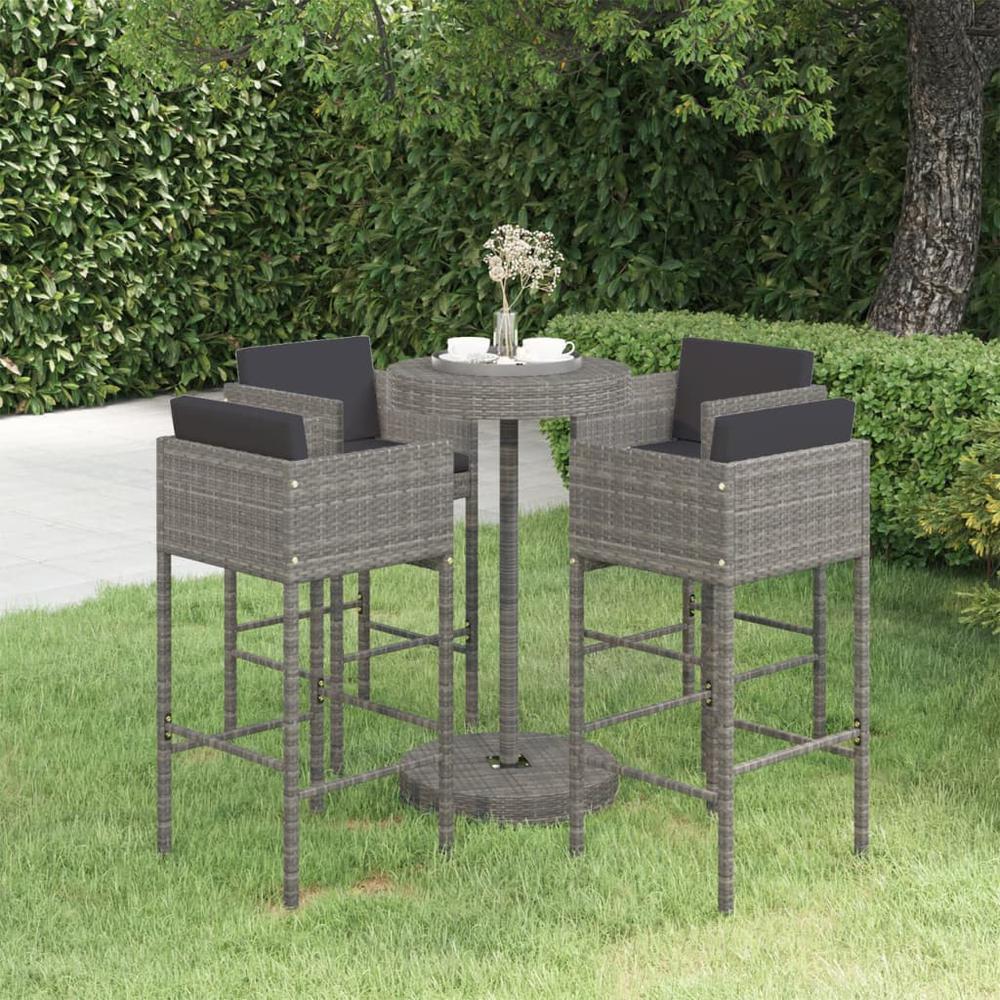 5 Piece Patio Bar Set with Cushions Poly Rattan Gray. Picture 9