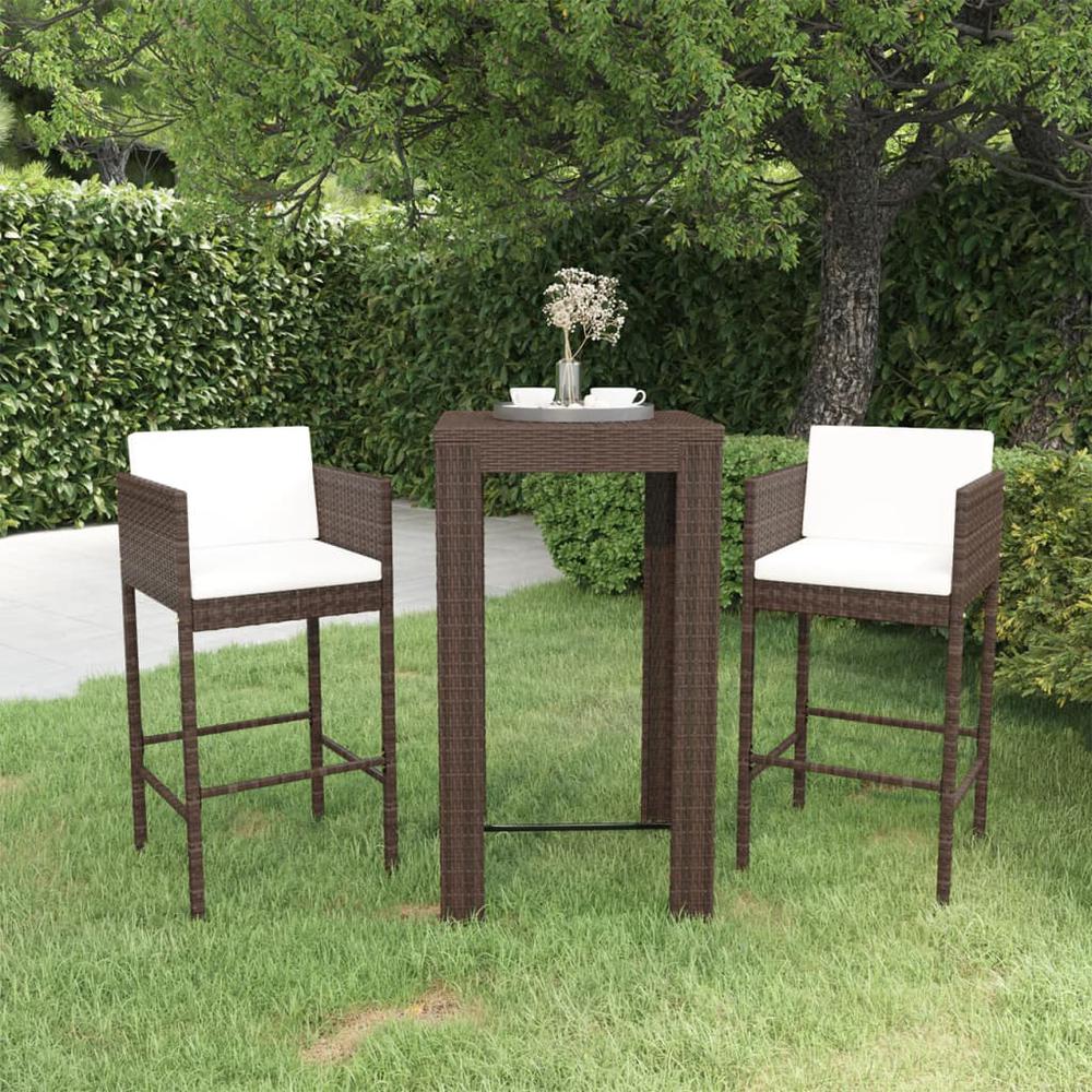 3 Piece Patio Bar Set with Cushions Poly Rattan Brown. Picture 9