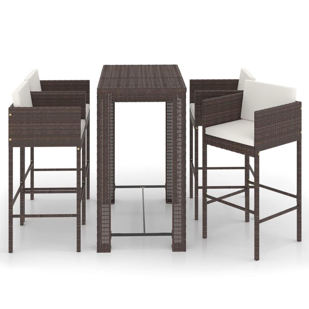 5 Piece Patio Bar Set with Cushions Poly Rattan Brown. Picture 1