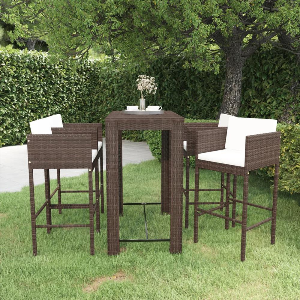 5 Piece Patio Bar Set with Cushions Poly Rattan Brown. Picture 9