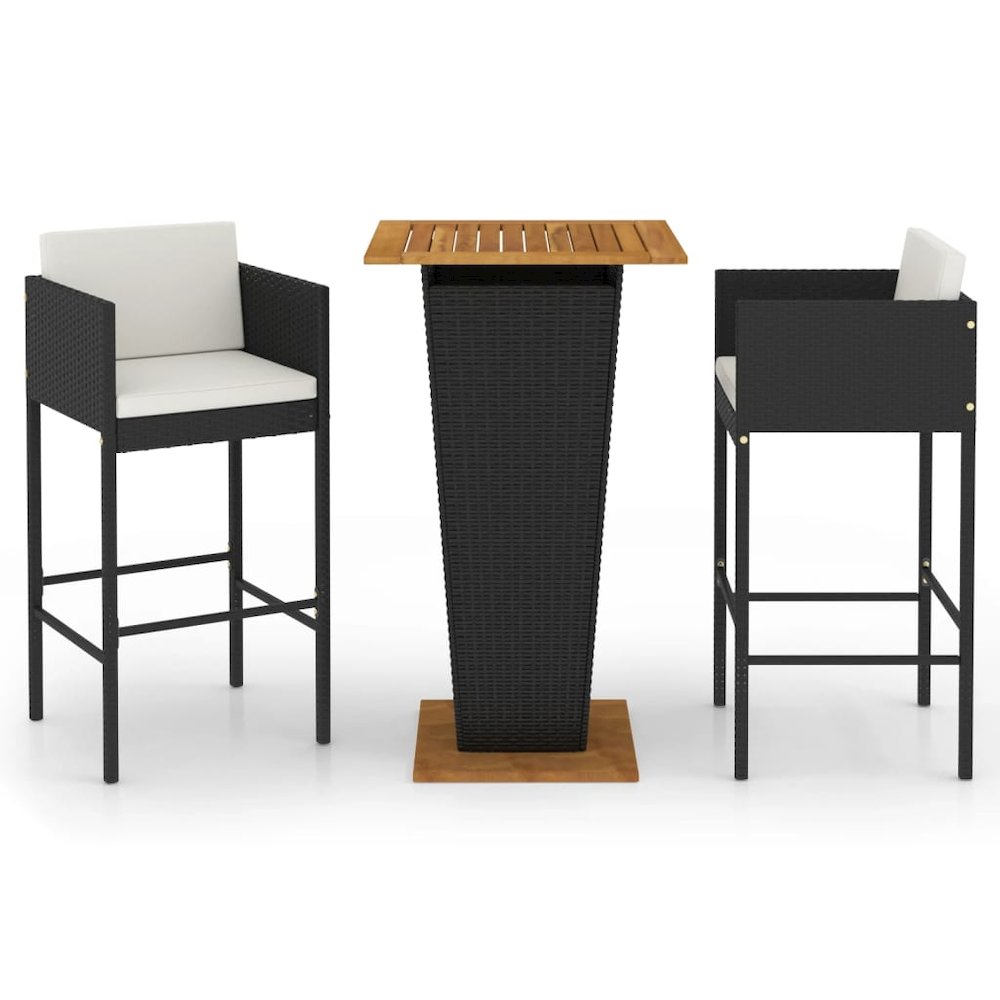 vidaXL 3 Piece Patio Bar Set with Cushions Poly Rattan Black, 3094798. Picture 2