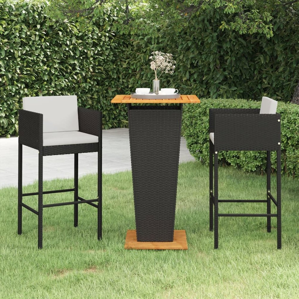 vidaXL 3 Piece Patio Bar Set with Cushions Poly Rattan Black, 3094798. Picture 1