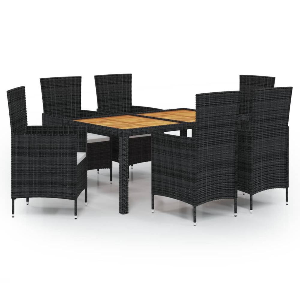7 Piece Patio Dining Set with Cushions Poly Rattan Black. Picture 1