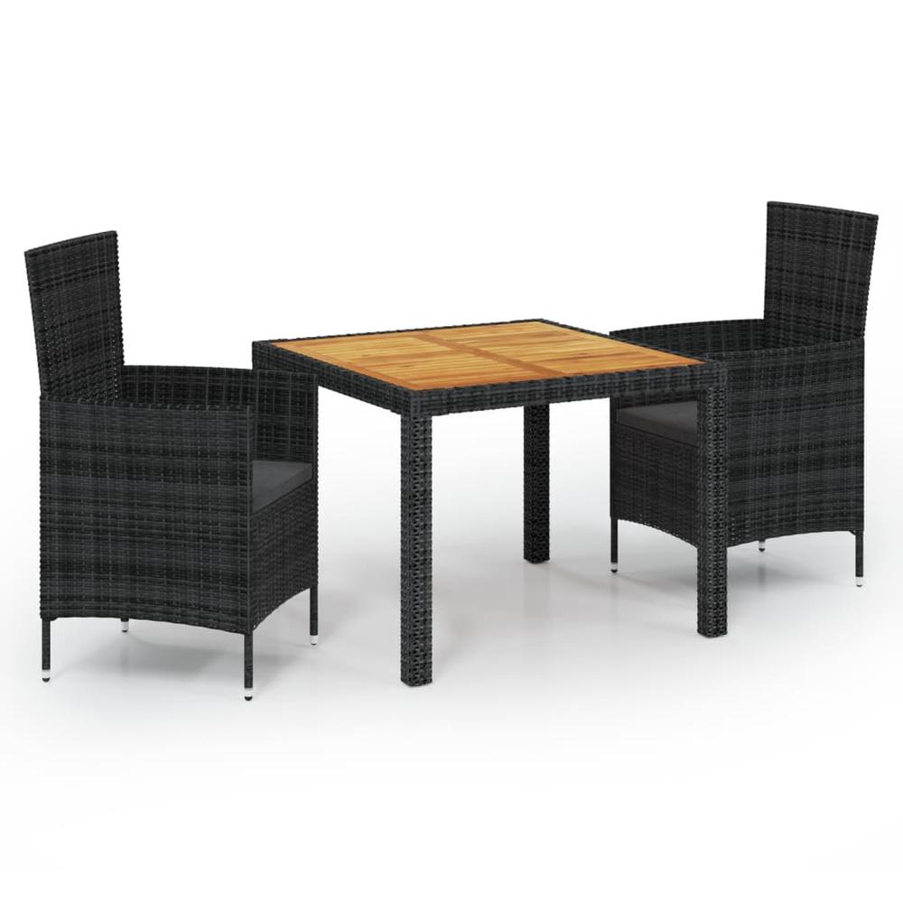 3 Piece Patio Dining Set with Cushions Poly Rattan Black. Picture 1