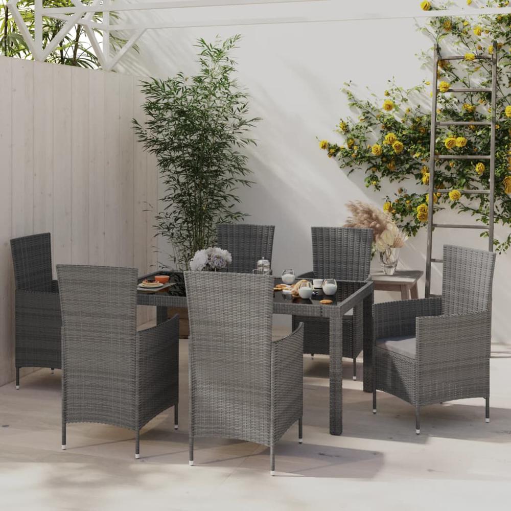 7 Piece Patio Dining Set with Cushions Poly Rattan Gray. Picture 6