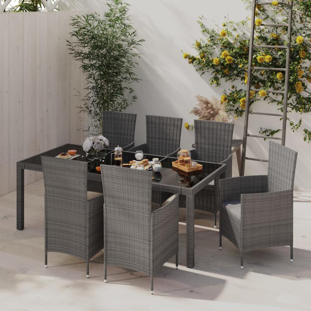 7 Piece Patio Dining Set with Cushions Poly Rattan Gray. Picture 8