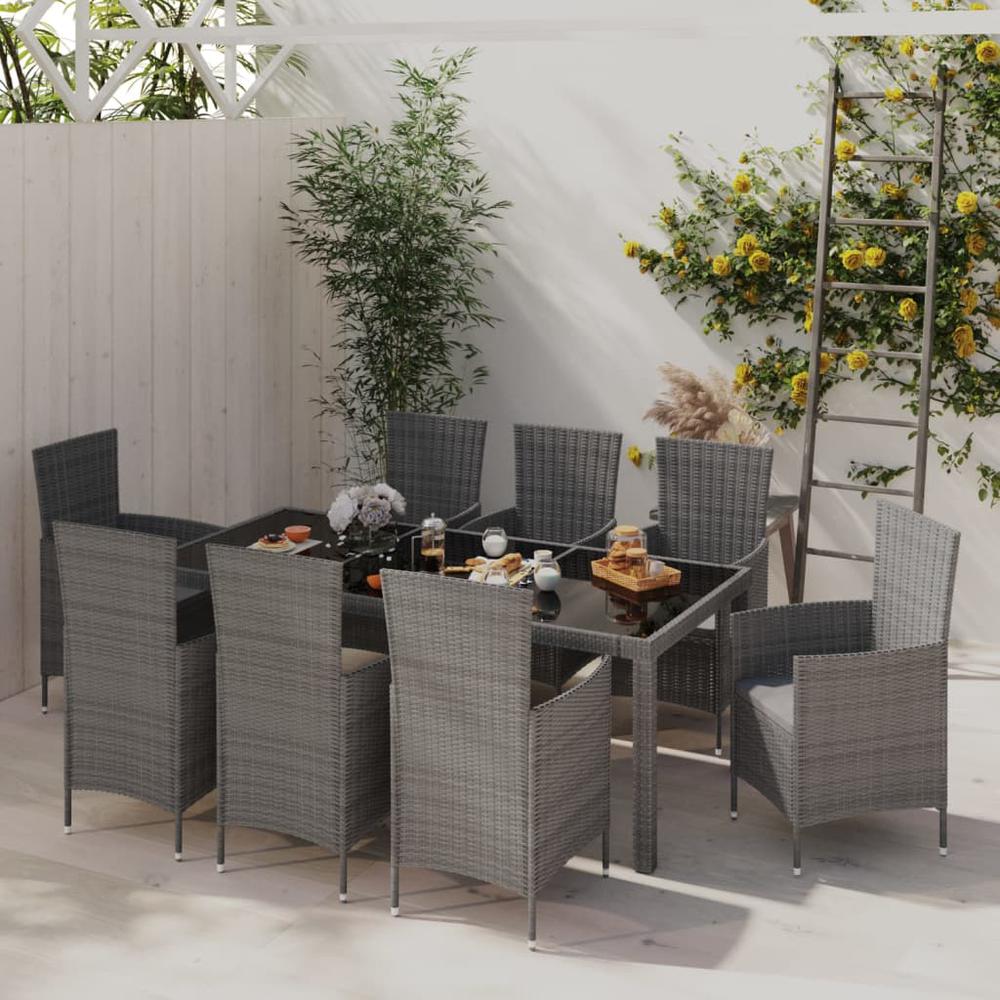 9 Piece Patio Dining Set with Cushions Poly Rattan Gray. Picture 6