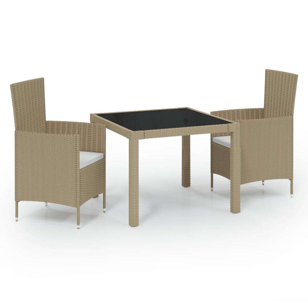 3 Piece Patio Dining Set with Cushions Poly Rattan Beige. Picture 1