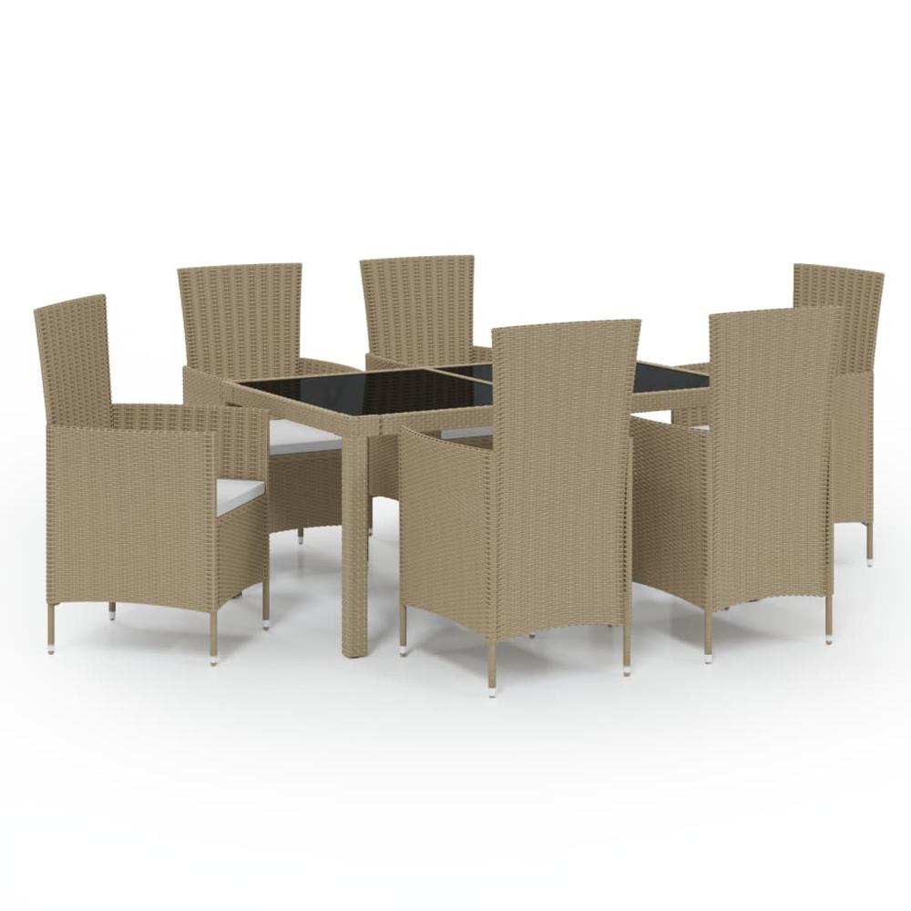 7 Piece Outdoor Dining Set with Cushions Poly Rattan Beige. Picture 1
