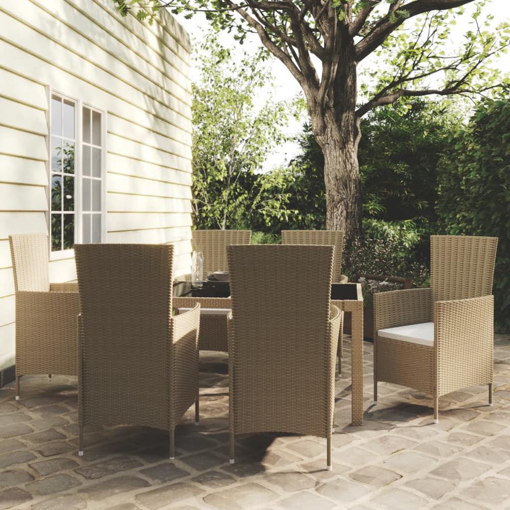 7 Piece Outdoor Dining Set with Cushions Poly Rattan Beige. Picture 4
