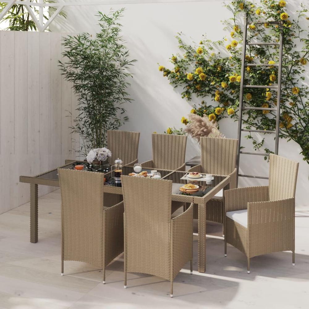 7 Piece Outdoor Dining Set with Cushions Poly Rattan Beige. Picture 4