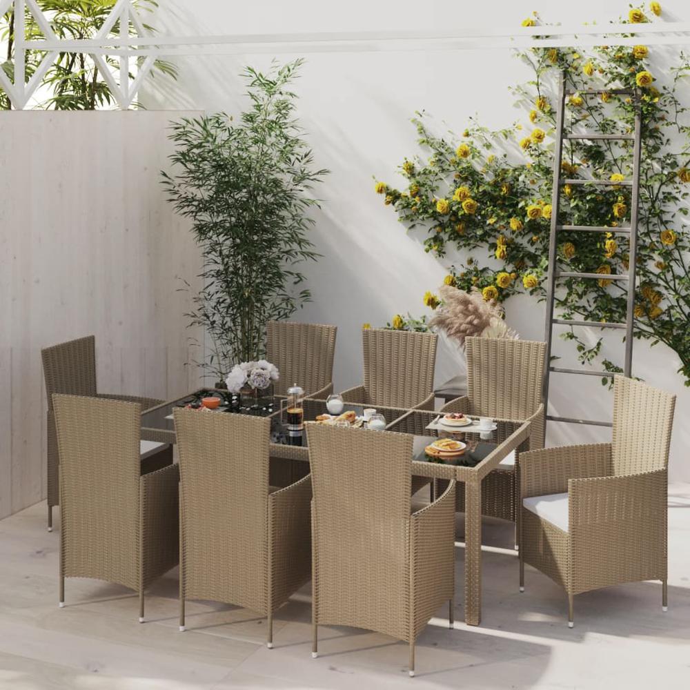 9 Piece Outdoor Dining Set with Cushions Poly Rattan Beige. Picture 4