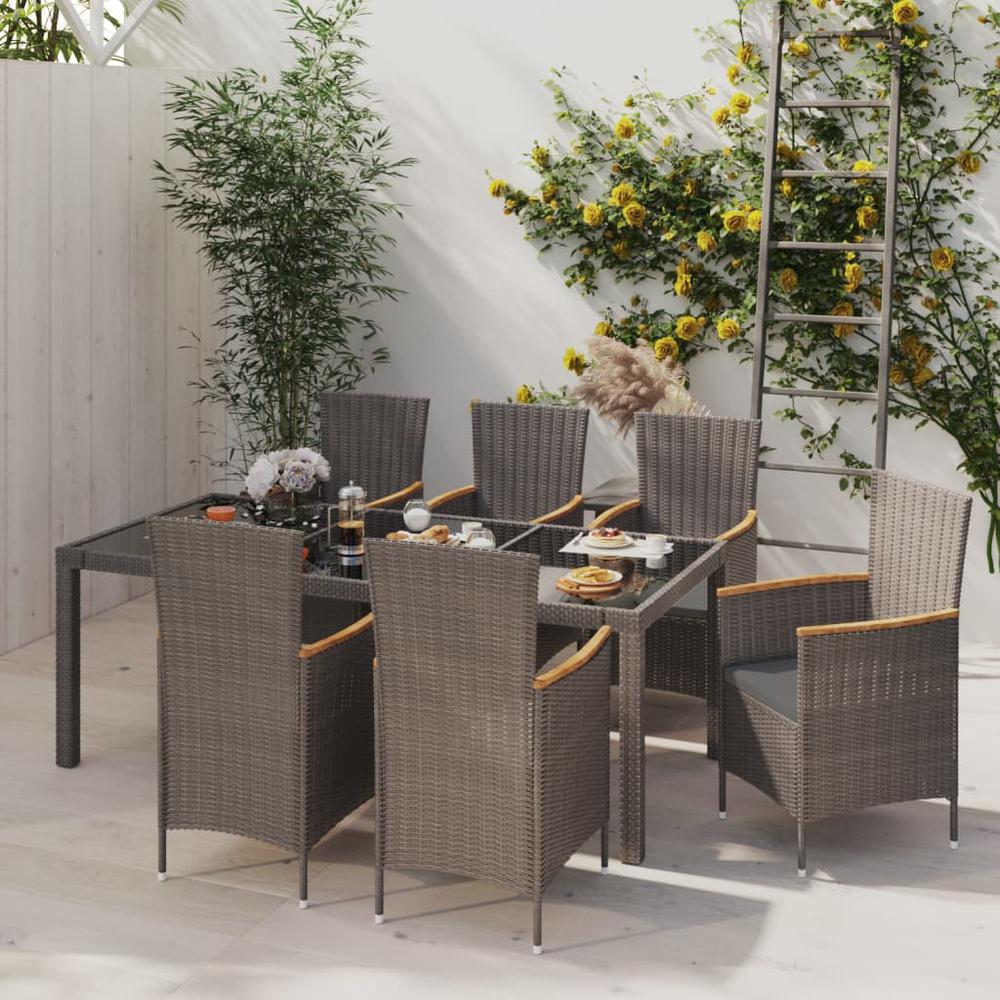 7 Piece Patio Dining Set with Cushions Poly Rattan Black & Gray. Picture 6