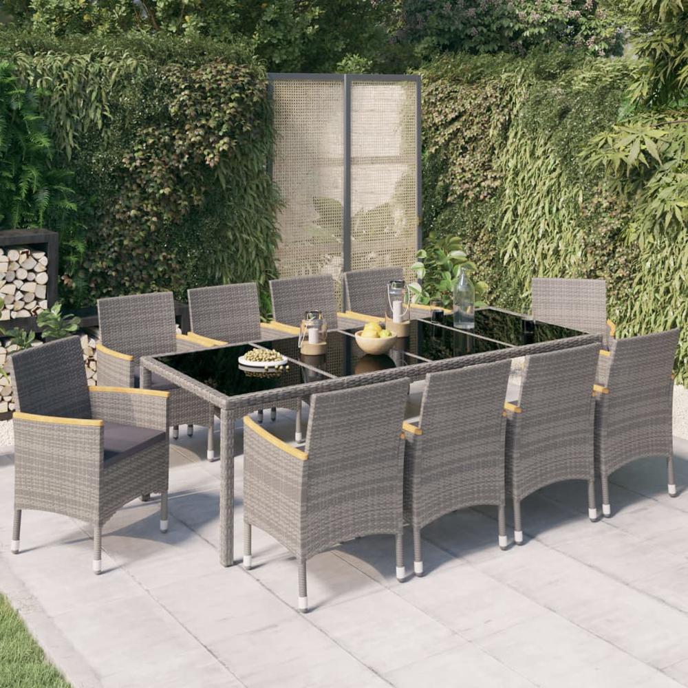 11 Piece Patio Dining Set with Cushions Poly Rattan Black and Gray. Picture 12
