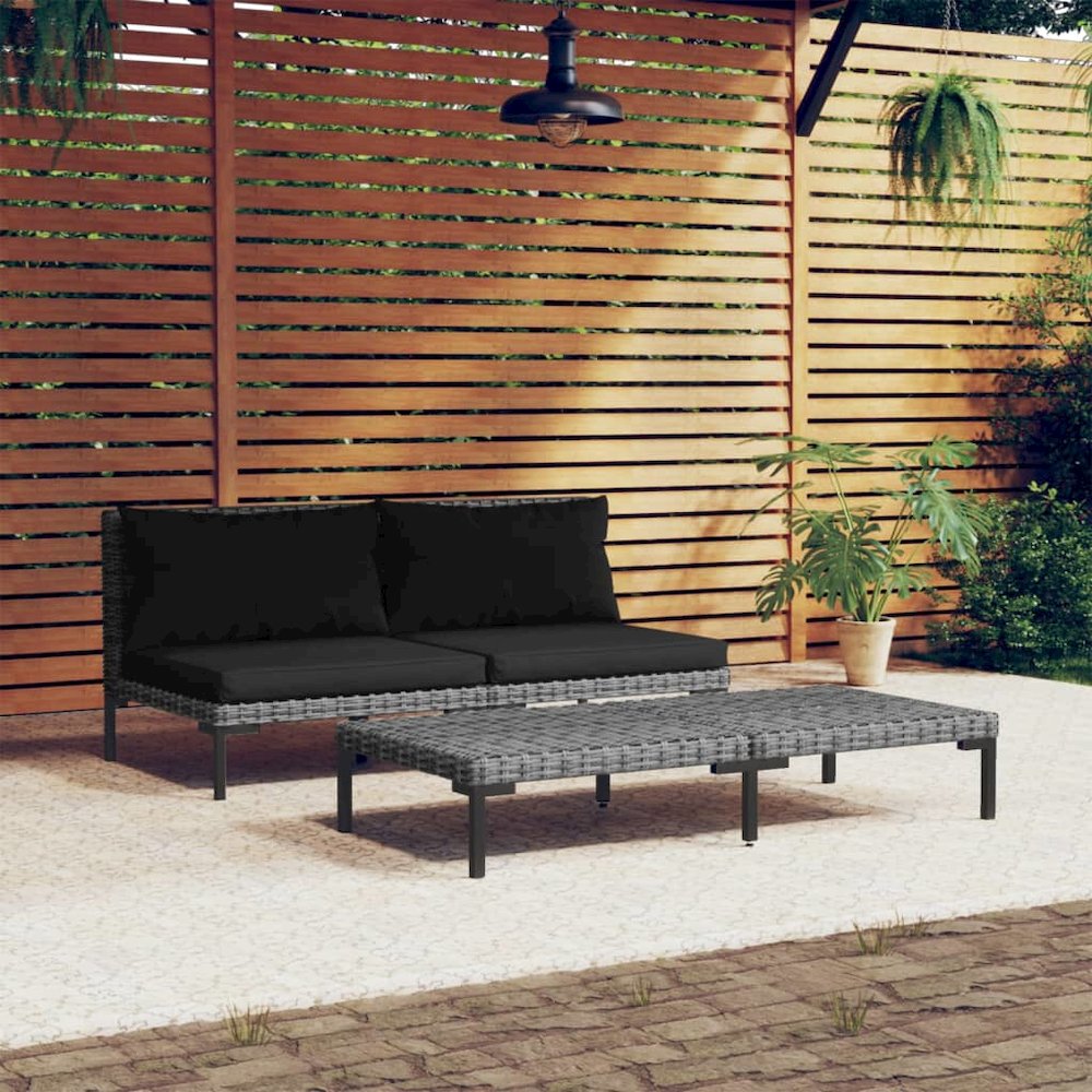 vidaXL 3 Piece Patio Lounge Set Dark Gray Half Round Poly Rattan, 318605. Picture 1