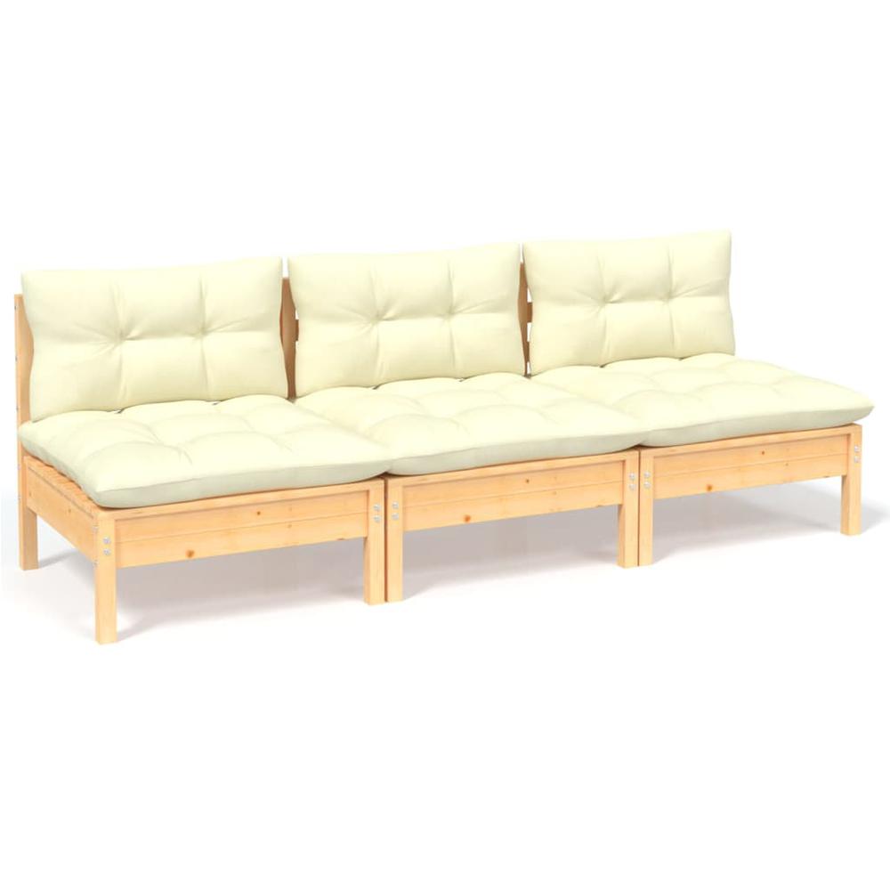 3-Seater Patio Sofa with Cream Cushions Solid Pinewood. Picture 1