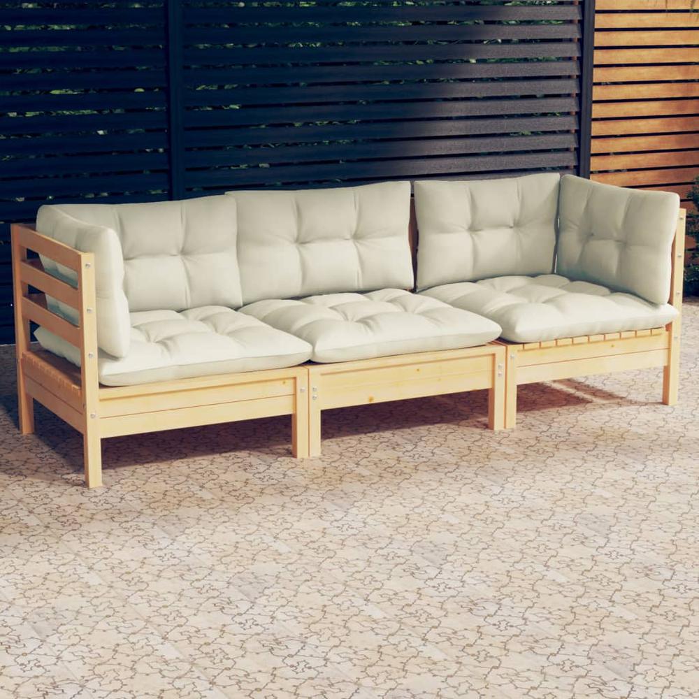 3-Seater Patio Sofa with Cream Cushions Solid Pinewood. Picture 10