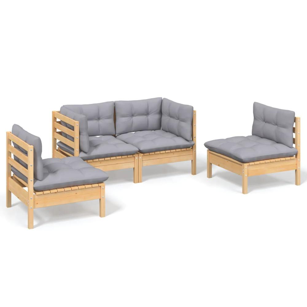 4 Piece Patio Lounge Set with Gray Cushions Solid Pinewood. Picture 1