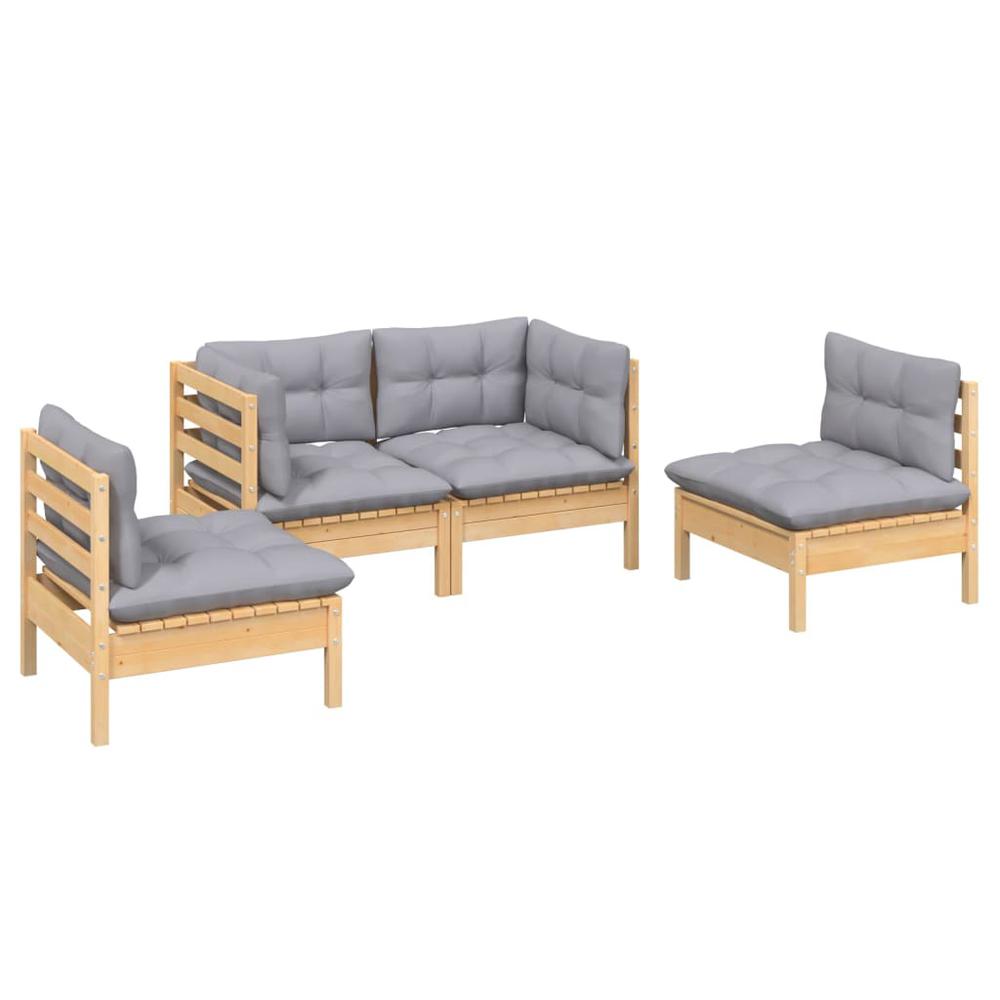 4 Piece Patio Lounge Set with Gray Cushions Solid Pinewood. Picture 2
