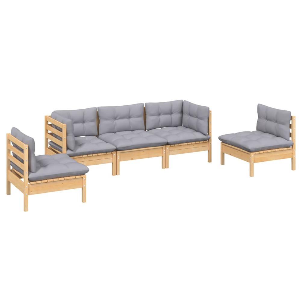 5 Piece Patio Lounge Set with Gray Cushions Solid Pinewood. Picture 2