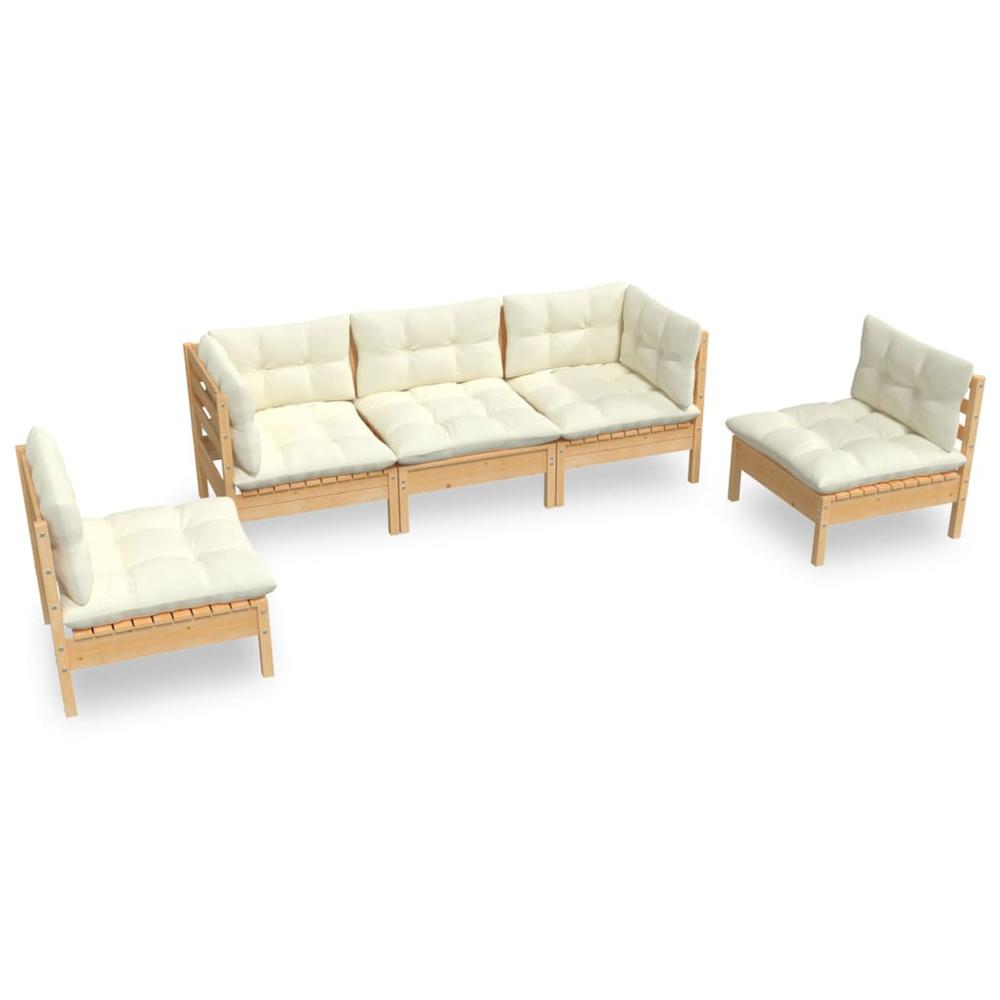5 Piece Patio Lounge Set with Cream Cushions Solid Pinewood. Picture 1