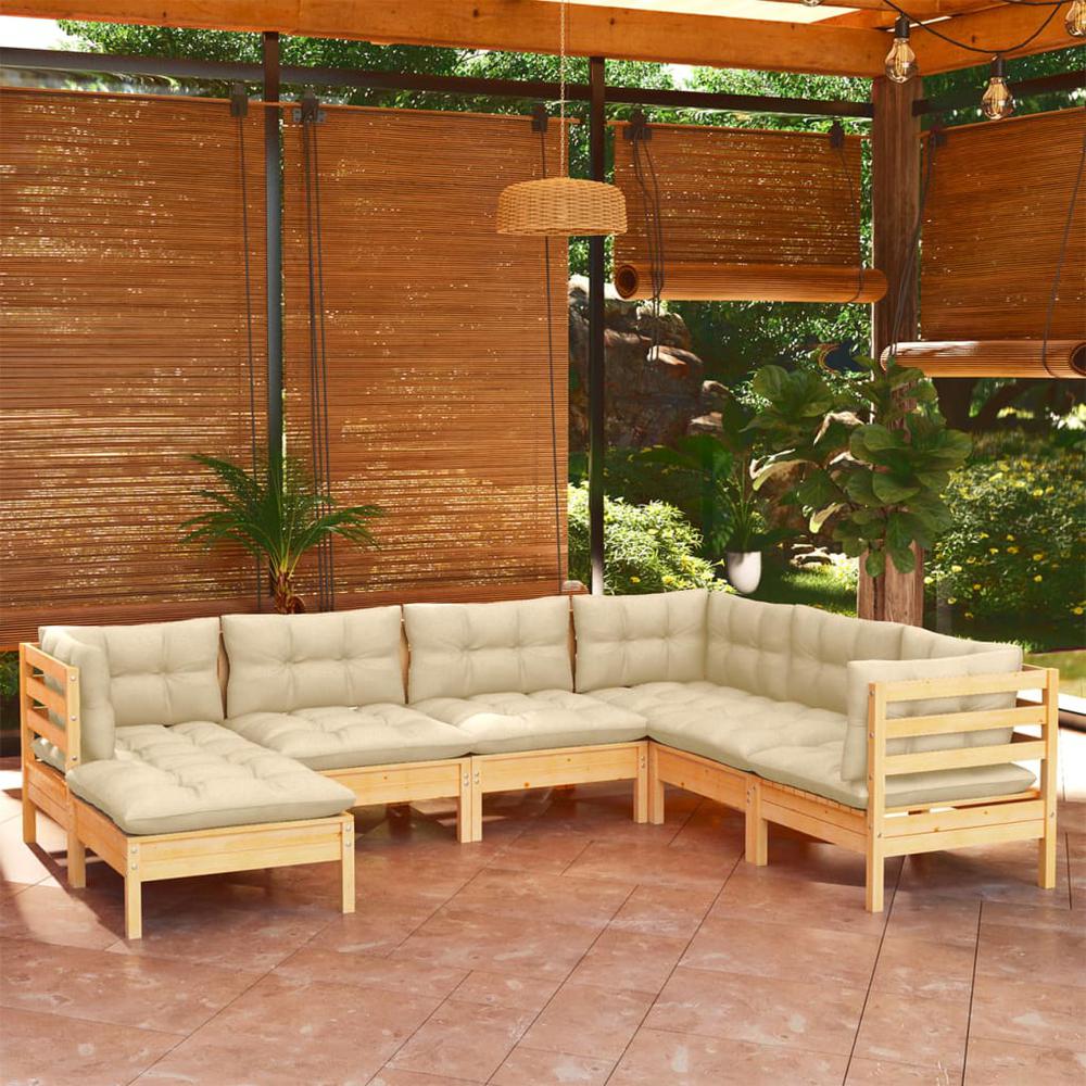 7 Piece Patio Lounge Set with Cream Cushions Solid Pinewood. Picture 8