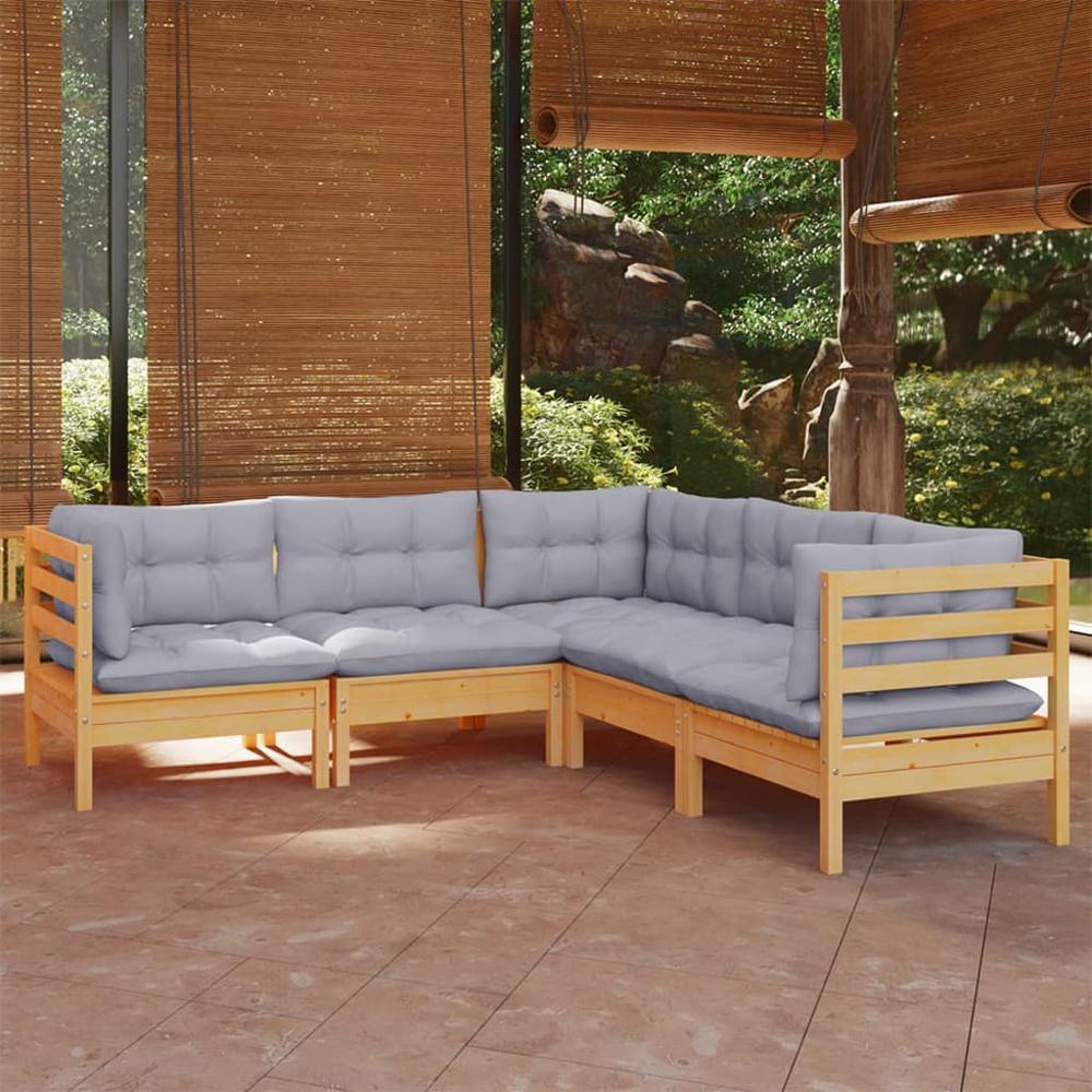 5 Piece Patio Lounge Set with Gray Cushions Solid Pinewood. Picture 7