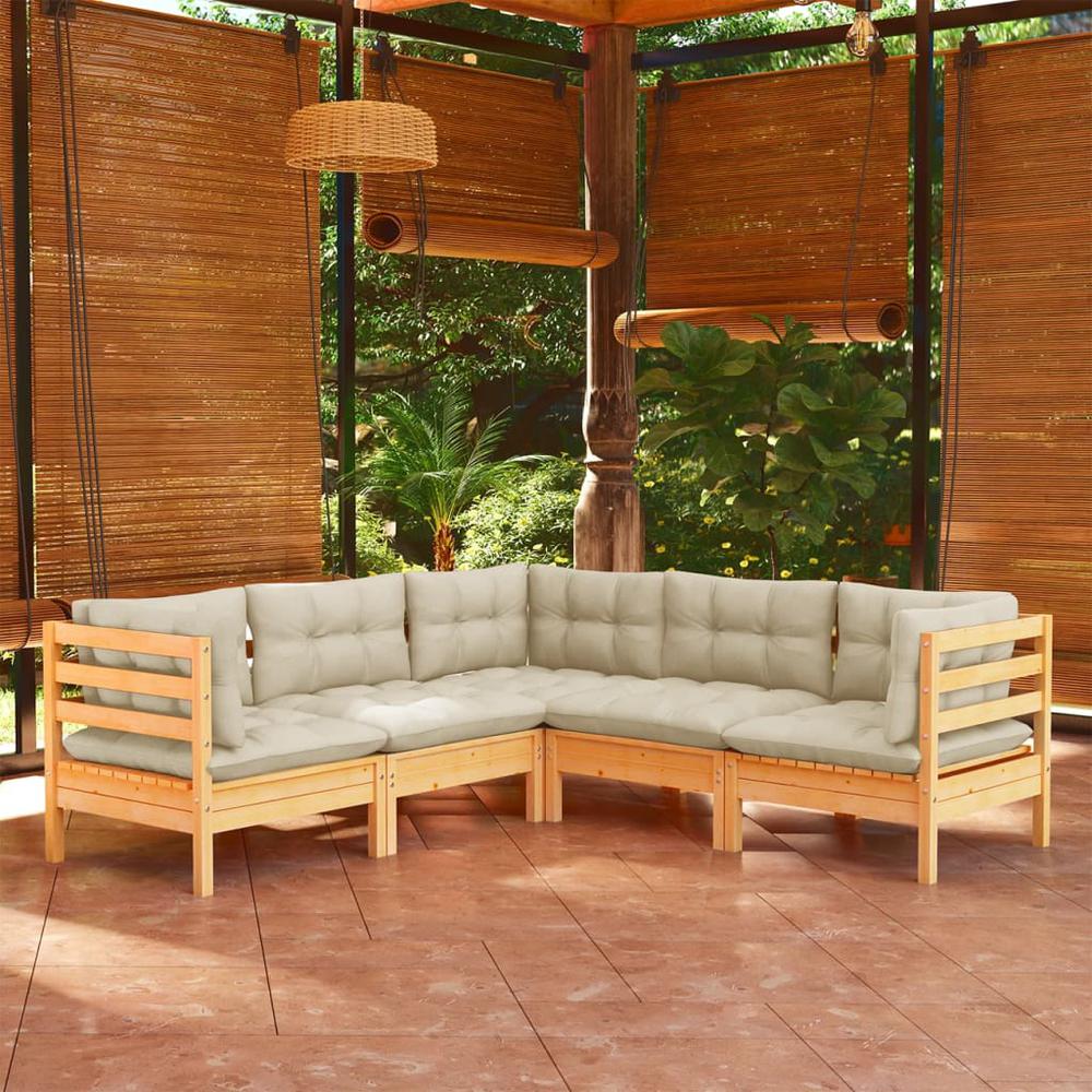 5 Piece Patio Lounge Set with Cream Cushions Solid Pinewood. Picture 6