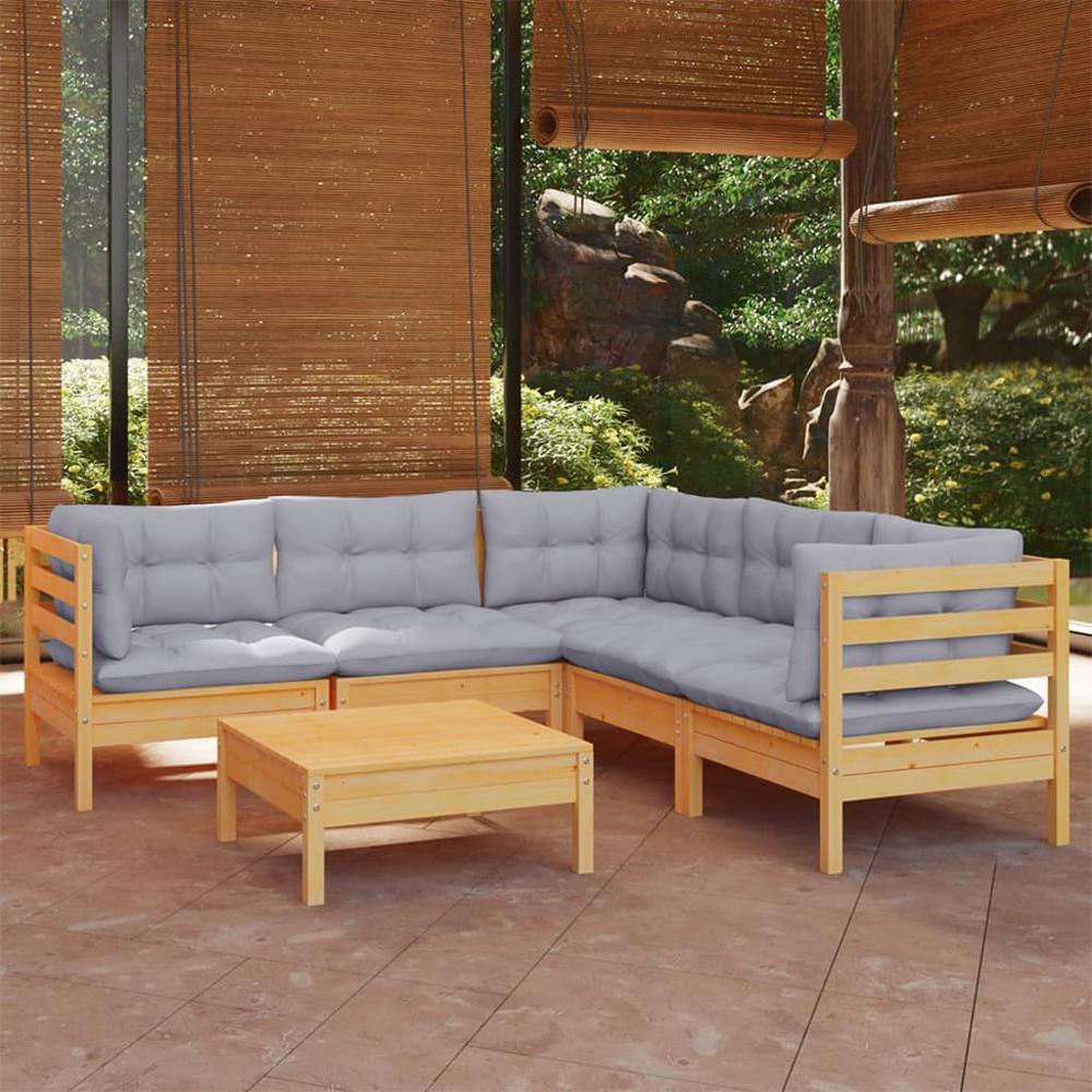 6 Piece Patio Lounge Set with Gray Cushions Solid Pinewood. Picture 9
