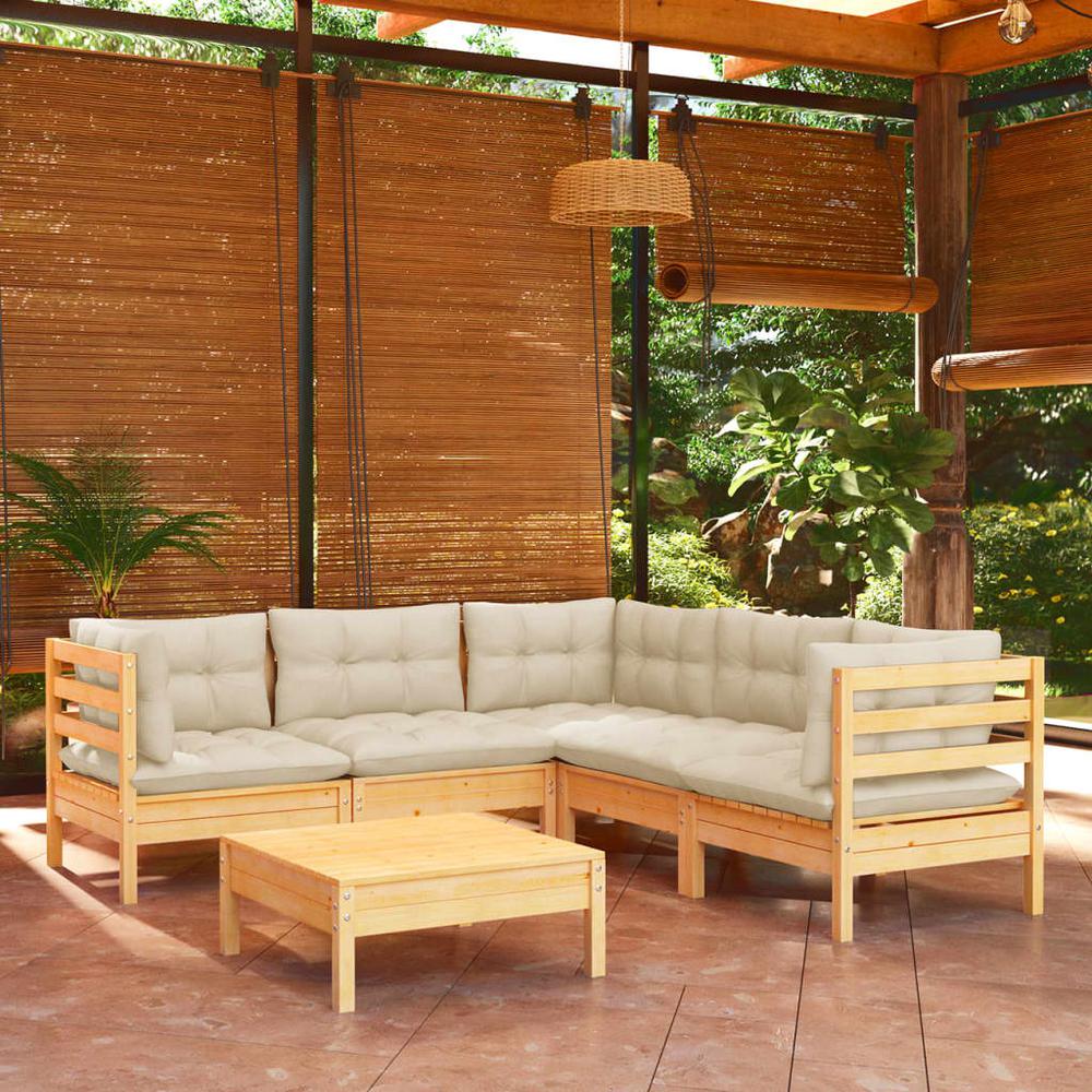 6 Piece Patio Lounge Set with Cream Cushions Solid Pinewood. Picture 8
