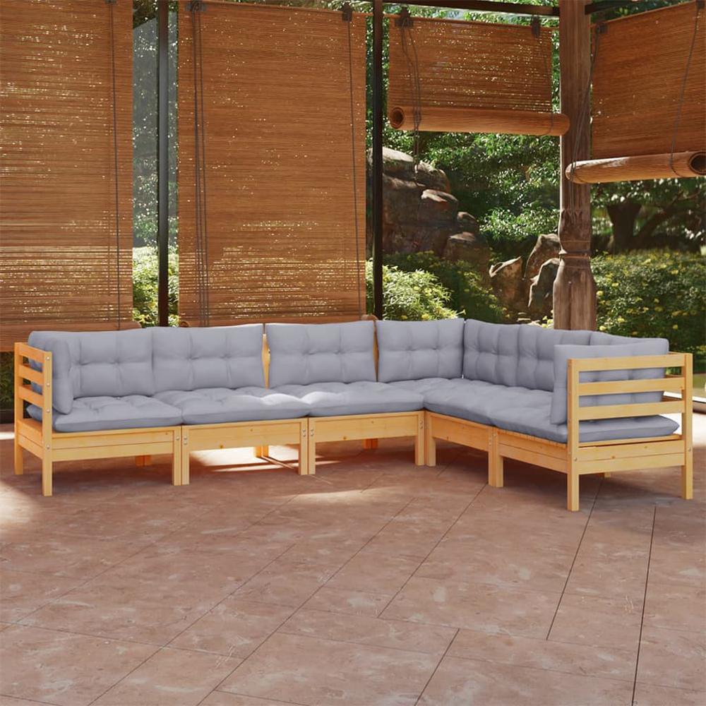 6 Piece Patio Lounge Set with Gray Cushions Solid Pinewood. Picture 7