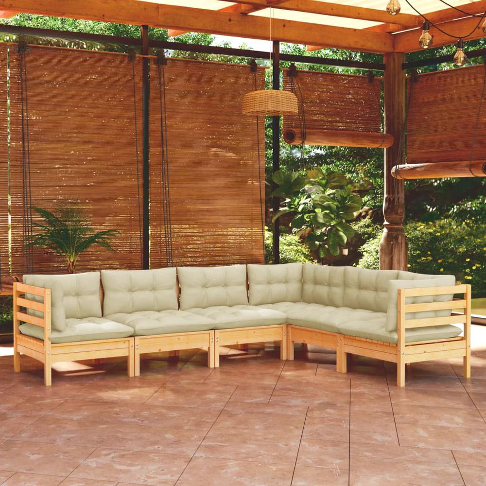 6 Piece Patio Lounge Set with Cream Cushions Solid Pinewood. Picture 6