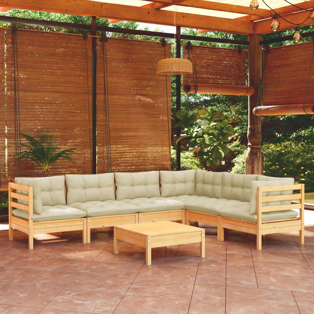 7 Piece Patio Lounge Set with Cream Cushions Solid Pinewood. Picture 8