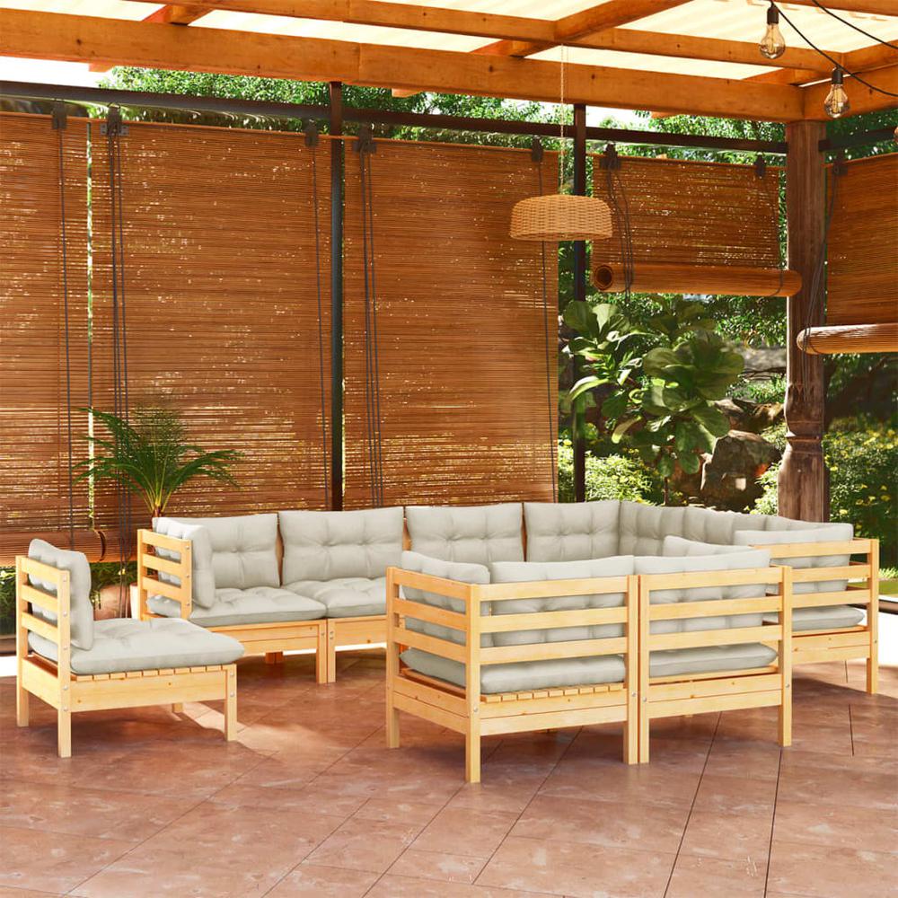 9 Piece Patio Lounge Set with Cream Cushions Solid Pinewood. Picture 6