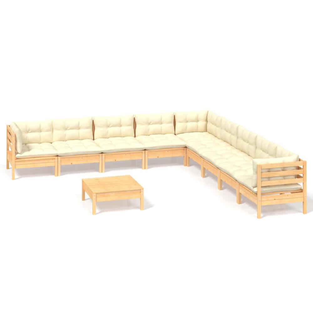 10 Piece Patio Lounge Set with Cream Cushions Solid Pinewood. Picture 1