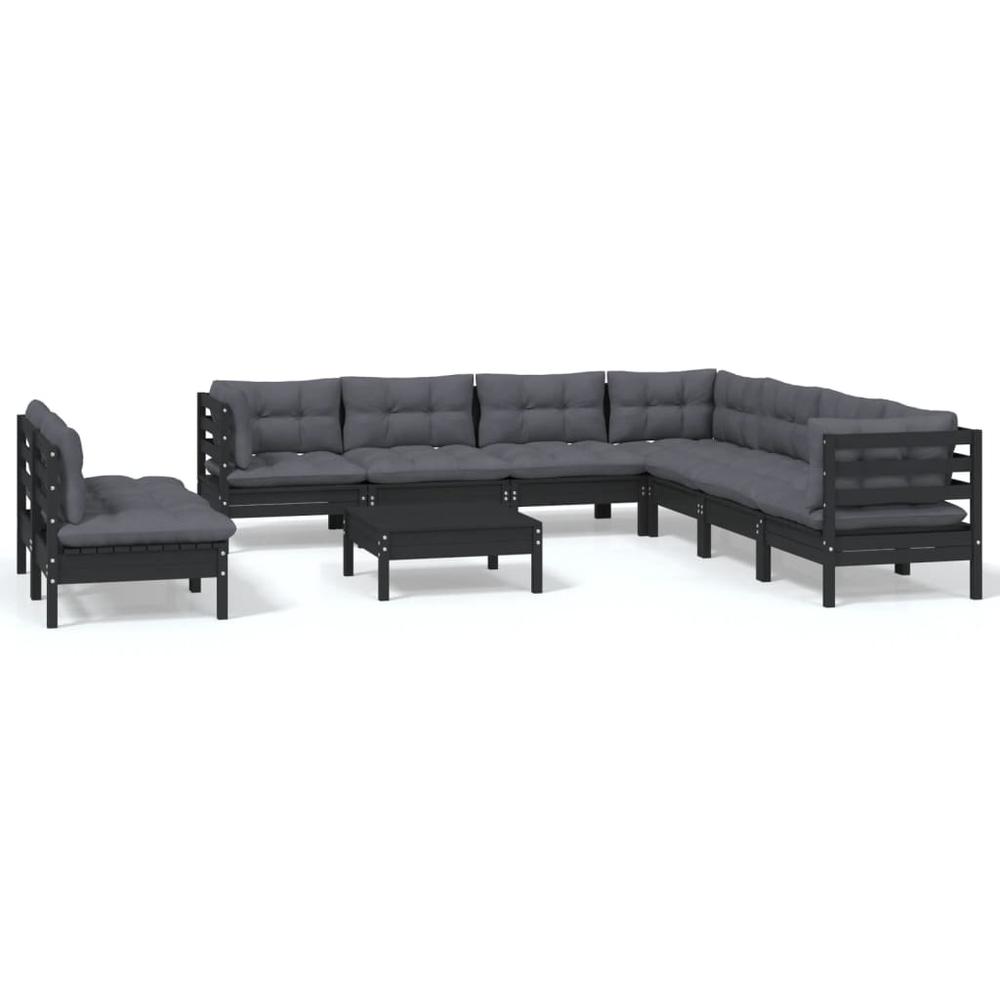 10 Piece Patio Lounge Set with Cushions Black Solid Pinewood. Picture 1