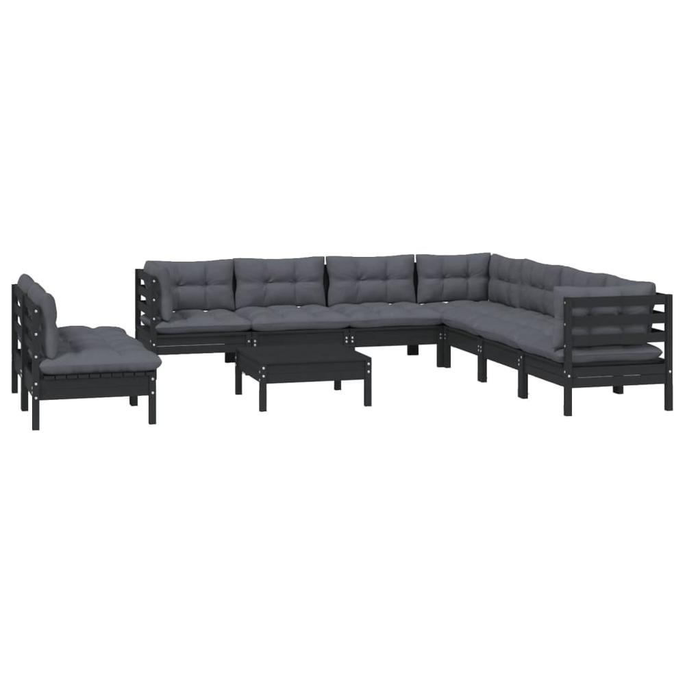 10 Piece Patio Lounge Set with Cushions Black Solid Pinewood. Picture 2