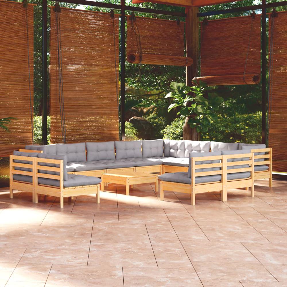 13 Piece Patio Lounge Set with Gray Cushions Solid Pinewood. Picture 9