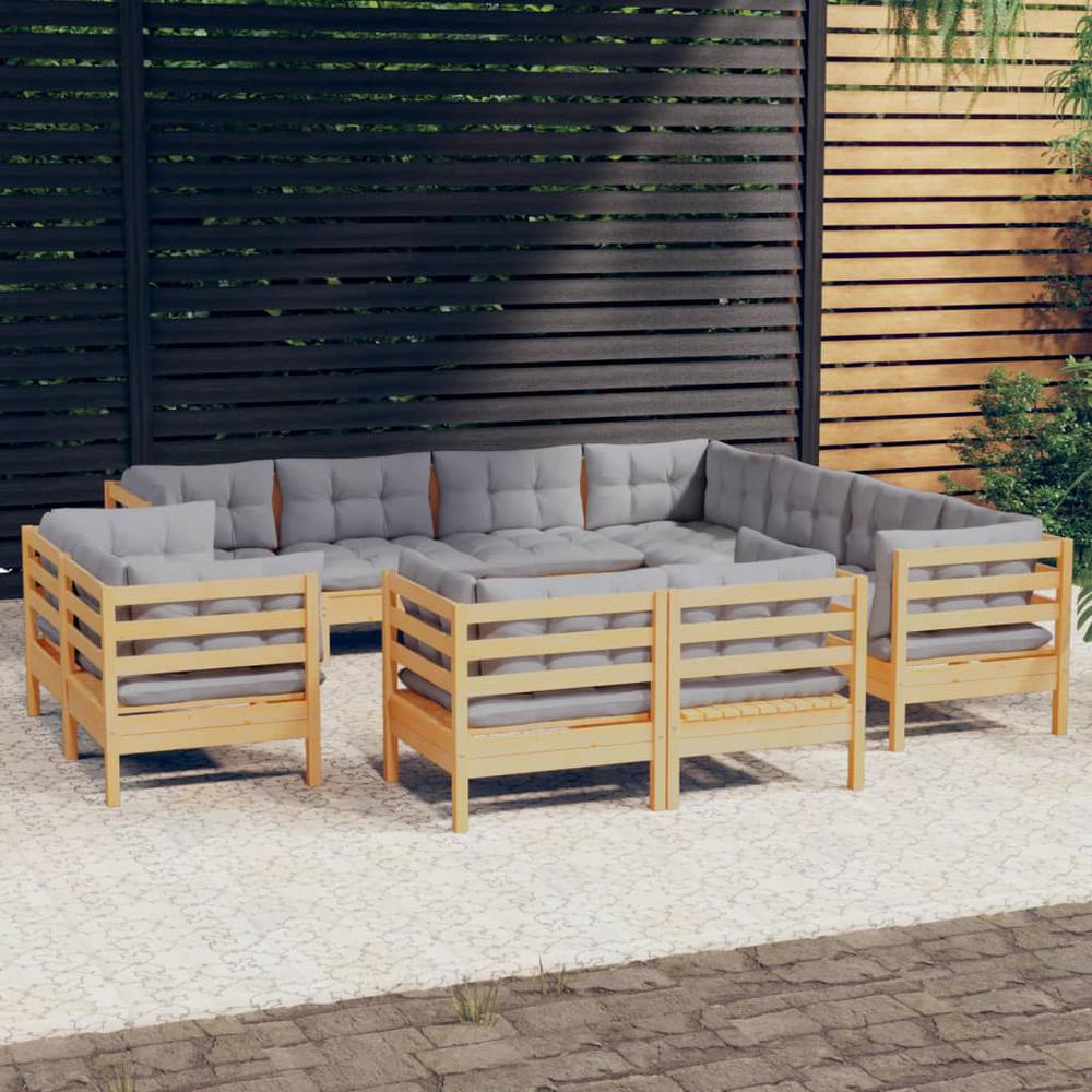 11 Piece Patio Lounge Set with Gray Cushions Solid Pinewood. Picture 7