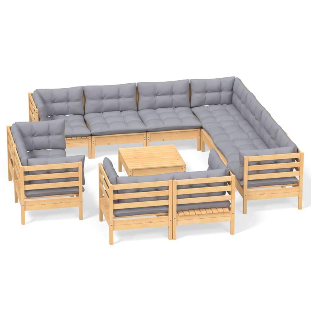 12 Piece Patio Lounge Set with Gray Cushions Solid Pinewood. Picture 1