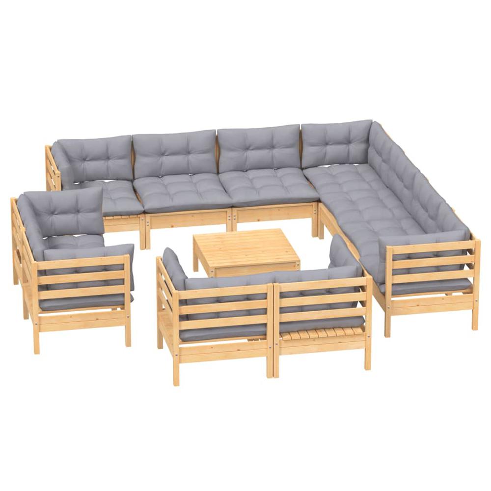 12 Piece Patio Lounge Set with Gray Cushions Solid Pinewood. Picture 2