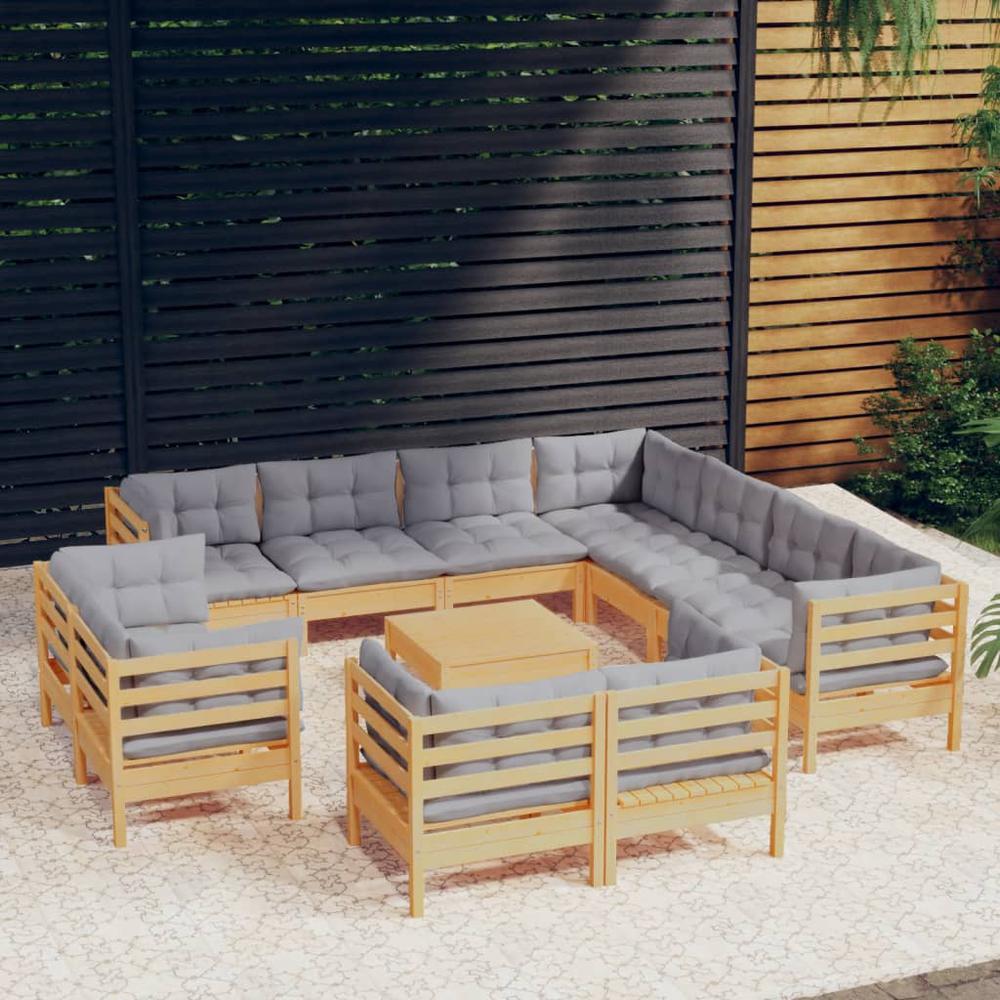 12 Piece Patio Lounge Set with Gray Cushions Solid Pinewood. Picture 9